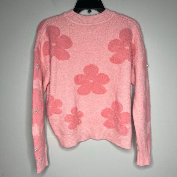 Nanette Lepore Soft Pink Fuzzy Flower & Pearl Crew Neck Sweater Size Small - Picture 6 of 11